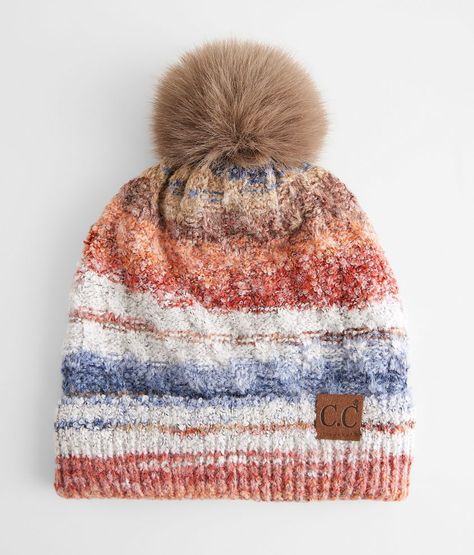 C.C® Aztec Beanie - Cream/Brown , Women's Beige Ribbed trim beanie Faux fur pom One size fits most. Beanie: 47% Rayon 31% Polyester 22% Nylon. Pom: 100% Faux Fur. Hand wash cold. Do not bleach. Do not tumble dry. Do not iron. Do not dry clean. Apparel & Accessories > Clothing Accessories > Hats Skully Hat, Kids Mittens, Striped Beanie, Baby Boy Toys, Branded Caps, Striped Beanies, Kids Scarf, Women's Hats, Pom Beanie