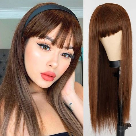 The Best Long Straight Wine Brown Wig With Bangs Synthetic Hair Wigs Bang With Wig For Women Wine Brown Heat Resistant Wigs Blond Pony, Black And White Wig, Grey Hair Wig, Blond Ombre, Short Hair Wigs, Red Wigs, Woman Wine, Black Wig, Wig With Bangs