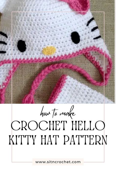 Whisk into style with our crochet Hello Kitty hat pattern! This charming accessory brings playful sophistication to any look. Dive into crochet and craft your own hat for a touch of adorable fashion! 🎀😺 #CrochetHelloKittyHat #CharmingWhiskers #HandmadeFashion #DIYStyle #CraftyCreations #CrochetLove Free Crochet Patterns Hello Kitty, Hello Kitty Crochet Hat Pattern Free, Crochet Kitty Hat Pattern Free, Crochet Hello Kitty Beanie, Crochet Kuromi Hat, Hello Kitty Crafts For Kids, Kitty Hat Crochet Pattern, Hello Kitty Hat Crochet, Crochet Hello Kitty Free Pattern