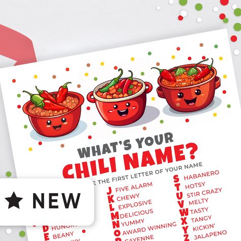 Looking for a fun game for your chili cook off, chili fundraiser, chili competition, office chili party, or chili themed party?  Your guests will LOVE this hilarious chili name generator. Everyone will have a blast creating names like Habanero Gut Buster, Beany Buck Wild, and Five Alarm Dawg.  If you don't like the names on the sheet this game is fully editable!  You can add any funny chili names you like. Included with your purchase is the 8.5x11" name generator sheet and printable name tags 2x Funny Chili Cook Off Names, Chili Names Creative, Chili Names, Chili Cook Off Ideas, Chili Competition, Chilli Cookoff, Gut Buster, Chili Party, Name Game