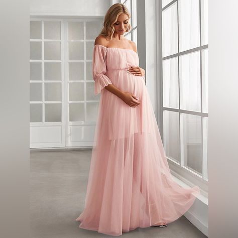 Sheer Off-Shoulder Double Skirt Maxi Maternity Dress Pink Size: 14 Brand New - Still In Bag It Was Shipped In. I Just Decided To Wear Something Different And Missed My Return Window! Vestidos Para Baby Shower, Tulle Maternity Dress, Pink Maternity Dress, Maternity Dresses For Baby Shower, Baby Shower Dress, Maternity Wardrobe, Vestidos Color Rosa, Graduation Outfits, Maternity Maxi