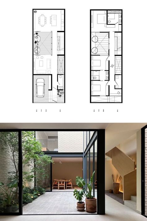 Narrow Villa Design, Narrow Townhouse Interior, 7x10 House Plan, Art Deco Townhouse, Townhouse Plans Layout, Narrow House Elevation, Apartment Layout 2 Bedroom, Townhouse Floorplan, Townhome Plans