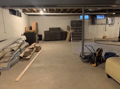 Unfinished Basement Makeover, Exposed Basement Ceiling, Cheap Basement Remodel, Concrete Basement Floors, Basement Decoration, Basement Office, Dream Basement, Basement Renovation, Diy Basement