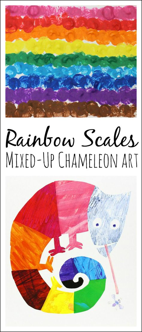 Rainbow Scales Artwork inspired by Eric Carle's book The Mixed-Up Chameleon Chameleon Activities, Preschool Art Center, The Mixed Up Chameleon, Cameleon Art, Art Center Preschool, Scales Art, Chameleon Craft, Mixed Up Chameleon, Eric Carle Art