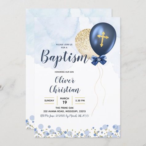 Navy Blue and Gold Balloon Boy Baptism Invitation | Zazzle Baptismal Invitation For Boys, Baptismal Invitation Layout, Baptismal Invitation Template Blank, Baptism Invitations For Boys, Baptism Invitation Card, Baptismal Invitation, Baby Dedication Invitation, Baptism Invitation For Boys, Baptism Themes