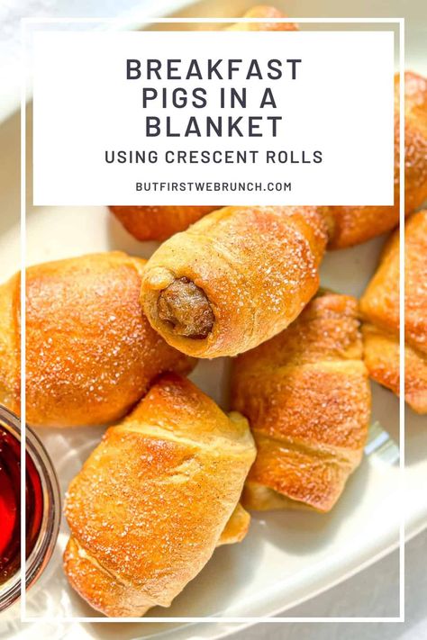 These Breakfast Pigs in a Blanket are baked French toast taken to the next level. Using refrigerated crescent rolls and cooked link sausages, they are brushed with a cinnamon custard and baked to puffy perfection! Simple enough for kids to help and easily doubled, or tripled to feed a big group of hungry people!rn Savory Breakfast Appetizers, Breakfast Pigs In A Blanket, Sweet And Savory Breakfast, Breakfast Sausage Links, Christmas Breakfast Recipe, Easter 2024, Chicken Breakfast, Breakfast Ingredients, Break Fast