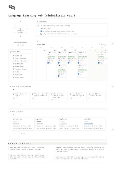 best notion template Notion For Language Learning, Notion Language Learning Template, Notion Moodboard, Minimalistic Notion, Language Learning Template, College Notion, Notion 2024, Notion Study, Notion Tutorial