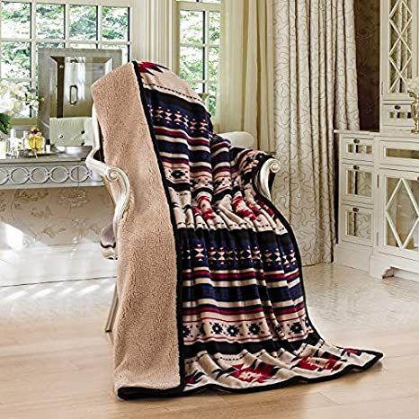 Nu Trendz Signature Southwest Design Sherpa Lined Throw Blanket 50"x 60" (Blue_Beige) Navajo Print, Beige Throws, Aztec Blanket, Blue Throw Blanket, Southwest Design, Buy Linen, Sherpa Throw Blankets, Silk Touch, Blanket Set