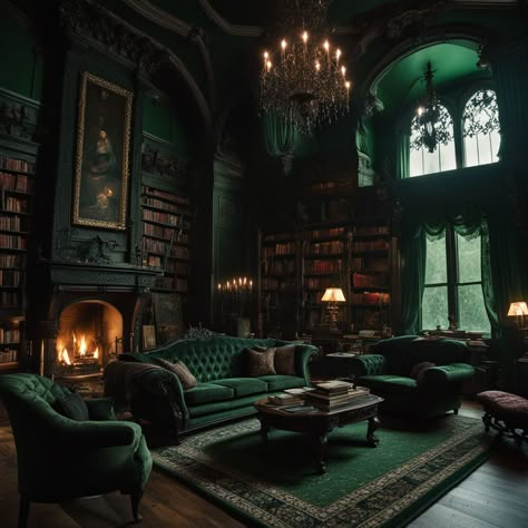 Dark Cottagecore Living Room, Cottagecore Living Room, Slytherin Common Room, Gothic Living Room, Green Accent Walls, Gothic Bedroom, Gothic Furniture, Dark Home Decor, Slytherin House