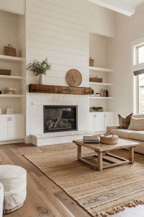 15 Stylish Shiplap Fireplace Ideas to Transform Your Living Space – Everyday Inspo Fireplace On Carpet Living Rooms, Shiplap Fireplace With Brick Hearth, Living Room French Country Modern, 2 Fireplaces In One Room, Modern Farmhouse Remodel Ideas, Florida Fireplace Ideas, Living Room Update Ideas, White Farmhouse Fireplace, Shiplap Living Room Ceiling