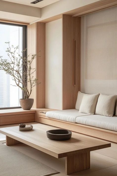 "Transform your living room into a calm retreat with Japandi design! 🧘‍♂️🏡 A perfect blend of modern simplicity and cozy warmth. 🌿✨ #JapandiDecor #MinimalistLiving #HomeInspiration" Japan Interior Design Modern, Japandi Studio, Japandi Interiors Living Room, Japan Living Room, Japandi Style Interior Design, Japan Interior Design, Japandi Style Living Room, Japan Interior, Japandi Living Room