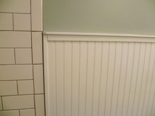 Beadboard Next To Tile, Installing Beadboard, Bathroom Demolition, Bathroom Beadboard, Tile Transition, Rustic Bathroom Remodel, Beadboard Bathroom, Beadboard Wainscoting, Cheap Bathroom Remodel