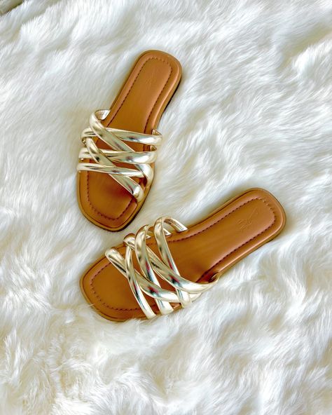 Trendy Gold Sandals For The Beach, Gold Slide Sandals For The Beach, Spring Slides, Casual Gold-studded Sandals For Summer, Summer Sandals With Gold-tone Hardware, Casual Date Night Outfit Summer, Target Sandals, Gold T-strap Sandals For Summer Beach, Spring Footwear