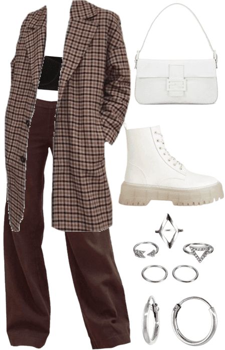 Checkered Jacket Outfit, Checkered Clothes, Checkered Outfit, Outing Outfit, Checkered Jacket, Brown Trousers, Hoop Earrings Silver, Small Hoop Earrings, Jacket Outfit