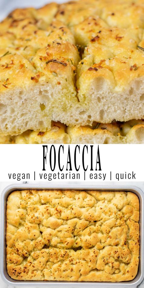 Collage of two pictures of the Focaccia: Top picture shows a closeup of stack of two large slices of the Focaccia bread with the crispy crust and soft center. Bottom picture is a top view on baking pan with the Focaccia as it comes fresh from the oven. A text with the recipe title separates the two pictures. Gluten Free Vegan Focaccia Bread, Vegan Focaccia Bread, Vegan Focaccia, Garlic Infused Oil, Easy Mediterranean Recipes, Vegan Starters, Focaccia Bread Recipe, Vegan Baked, Infused Oil