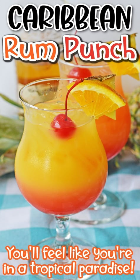 This Caribbean rum punch cocktail combines fruit juices with light and dark rum for a sweet and refreshing summer drink. As pretty as it is delicious, it’s guaranteed to make you feel like you’re in a tropical paradise! Carribean Rum Punch, Light Rum Drinks, Caribbean Rum Punch Recipe, Jamaican Rum Punch Recipes, Dark Rum Drinks, Caribbean Rum Punch, Light Summer Drinks, Rum Drinks Easy, Party Punch Alcohol