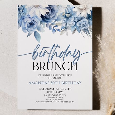 Blue And White 40th Birthday Party, Blue Brunch Decor, Blue And White Birthday Theme, Birthday Brunch Invitations, Blue Bridal Shower Decorations, Birthday Brunch Party, Botanical Birthday, 22 Bday, Birthday Dinner Invitation