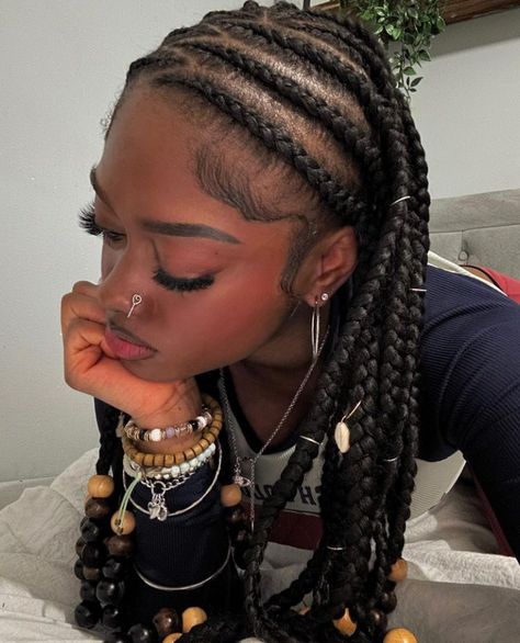 Cornrows With Wooden Beads, Braid Hairstyles For Black Women Natural, Iverson Braids For Women, Quick Hairstyles For Black Women Braids, Simple Natural Hairstyles Black Women, Zig Zag Fulani Braids, Office Food, Hair Braid Patterns, Cornrows Natural Hair