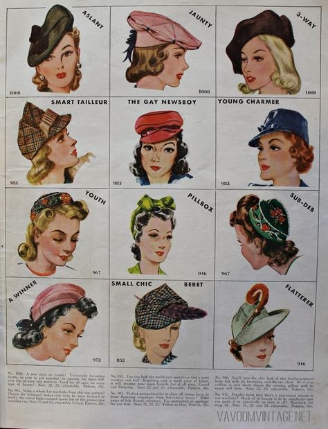 1940s vintage McCalls hat patterns from Va-Voom Vintage with Brittany Retro Hairstyles Tutorial, 1940s Hats, Fashion 1940s, Different Hats, Humphrey Bogart, Cary Grant, 40s Fashion, Motif Vintage, Retro Mode