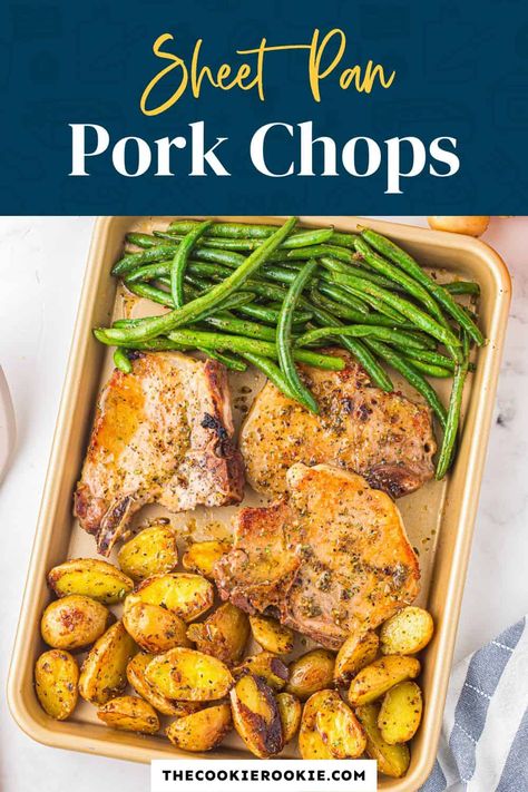 Pork Chop One Pan Meal, 1 Pan Pork Chop Dinner, Pork Chop Potato Green Bean Sheet Pan, Pork Chop And Green Beans Recipes, One Pan Pork Chops And Potatoes, Pork Chops And Green Beans In The Oven, Bone In Pork Chop Sheet Pan Dinner, Pork Chops Green Beans And Potatoes, Pork Chops Potatoes Green Beans