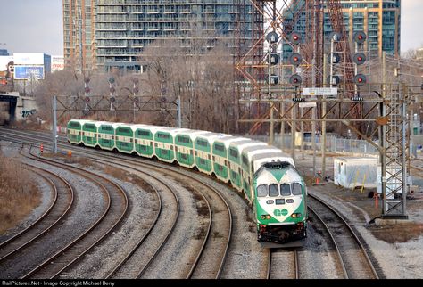 Under two sets of signals. GOT 633 pushes a GO Transit train westbound as it exits the Union Station Rail Corridor a bit west of Toronto's Union Station. Toronto Transit, Go Transit, Train Board, Commuter Train, Toronto Ontario Canada, Train Engines, Diesel Locomotive, Union Station, Toronto Ontario