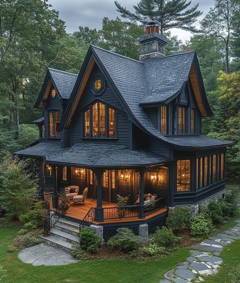 Dark Craftsman House, Unique Home Designs Exterior, Small Countryside House, 90s Home Exterior, Dream Homes And Houses, Forest Green House Exterior, Black Houses Exterior, Buying First Home Aesthetic, Magic Cottage