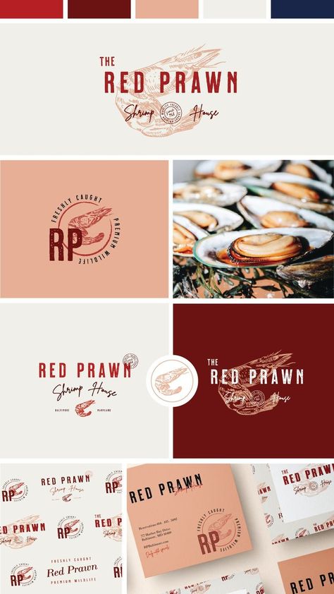 Style guide for Red Prawn Shrimp House. #branding #restaurantbranding #restaurantlogo #vintagelogodesign #handdrawnlogodesign Seafood Branding, Shrimp Restaurant, House Branding, Website Layouts, Hand Drawn Logo Design, Prawn Shrimp, Design Techniques, Website Design Layout, Brand Logos