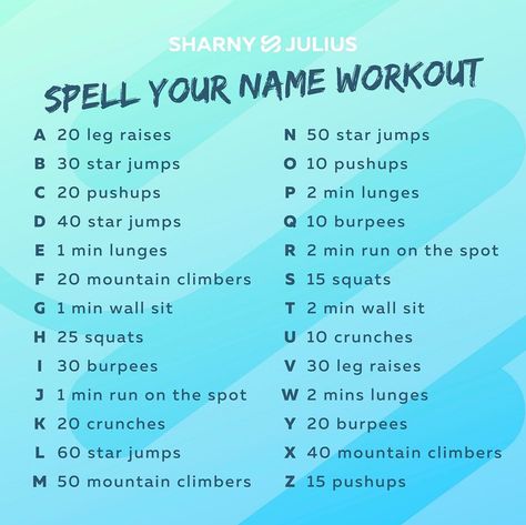 We've got a #workoutchallenge for you today: . SPELL YOUR NAME WORKOUT! 💪🏻 . The instructions are simple - just do the exercise that… Sharny And Julius Program, Your Name Workout, Sharny And Julius, Name Workout, Spell Your Name Workout, Bootcamp Ideas, Workout Split, Cheerleading Quotes, Workout Challenges