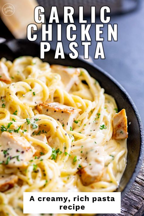 This Garlic Parmesan Chicken Pasta is a great family meal that can be on the table within 30 minutes. Tender chunks of chicken and spaghetti smothered in an irresistible creamy garlic parmesan sauce. It's a dish that screams comfort food. Pair this pasta dish with some crusty bread, a simple side salad, or veggies, and you have a delicious, easy weeknight dinner that will become a sure family favorite. Park Garlic Chicken Pasta, Garlic Butter Chicken Spaghetti, Noodles And Company Parmesan Chicken, Garlic Parmesan Chicken Pasta Stove Top, Creamy Garlic Parmesan Chicken Pasta Bake, Chicken Garlic Parmesan Pasta, Garlic Butter Chicken Pasta, Creamy Garlic Butter Parmesan Chicken, Parmesan Garlic Chicken Pasta