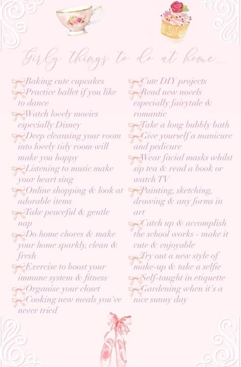 Pink Girly Things Quotes, Feminine Hobbies List, Pink Pilates Princess Affirmations, Princess Things To Do, Coquette To Do List, How To Be A Girly Girl, Pastel Princess Aesthetic, Princess Hobbies, Girly Things To Do