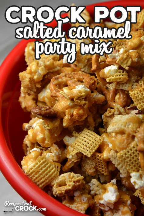 If you are looking for an amazing recipe to have as a snack or take to a party, this Crock Pot Salted Caramel Party Mix is it! It is delicious! via @recipescrock Crockpot Party Mix Recipes, Popcorn Chex Mix Caramel Corn, Sweet Chex Mix Recipes Crockpot, Caramel Cinnamon Chex Mix Recipes, Salted Caramel Chex Mix Recipes, Crockpot Snacks Appetizers Finger Foods, Chex Mix Recipes Caramel, Slow Cooker Snack Mix Recipes, Appetizer Recipes For Crockpot