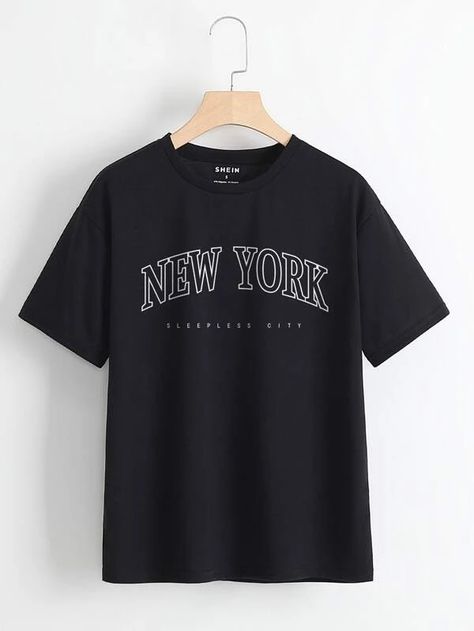 Letter Graphic Crew Neck Tee | SHEIN USA Shein Tshirt, Basic Black T-shirt For College, Shein Oversized Shirts, Short Sleeve Slogan T-shirt For College, Cheap T-shirt With University Logo And Short Sleeves, Black Kpop T-shirt Short Sleeve, Stylish Glasses, Crew Neck Shirt, Trendy Tshirts