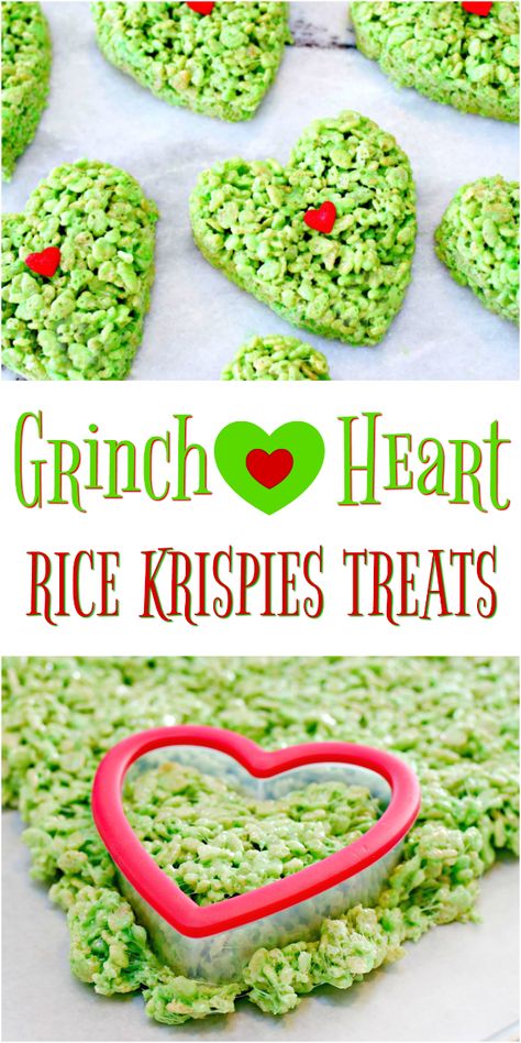 Homemade Rice Krispie Treats are a favorite in our home, but during Christmas we like to kick them up a notch and make these super cute Grinch Heart Rice Krispies Treats...easiest recipe ever and they are oh so delicious! via @Mom4Real Grinch Treats, Krispie Treats Christmas, Rice Krispie Treats Christmas, Cute Grinch, Homemade Rice Krispies Treats, Grinch Heart, Grinch Christmas Party, Xmas Treats, Christmas Baking Recipes