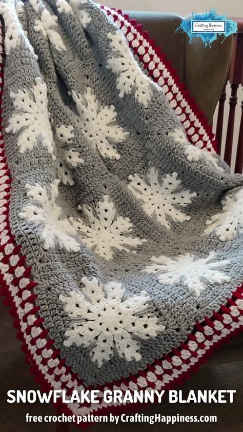 Free crochet pattern for Winter Snowflake Afghan with step-by-step written pattern tutorial by Crafting Happiness. Snowflake Afghan Crochet, Crafting Happiness Crochet, Crochet Winter Blankets, Winter Afghan Crochet Patterns, Crochet Christmas Blanket Free Pattern, Crochet Afghan Free Patterns, Christmas Crochet Afghan Patterns Free, Christmas Blanket Crochet Patterns Free, Christmas Blankets Crochet