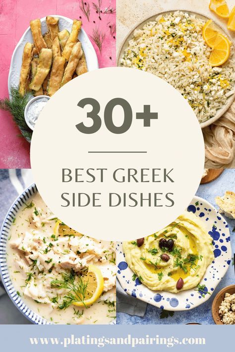 Looking for some tasty Greek side dish recipes? There are so many great options! From rice dishes, to veggies, dips and more! Here are 30+ of the BEST side dishes with a mediterranean flair. Side For Greek Chicken, Greek Potluck Dishes, Greek Side Recipes, Greek Dinner Side Dishes, Greek Chicken Side Dish, Side Dishes Mediterranean, Greek Inspired Side Dishes, Greek Side Dish Recipes, Side Dish For Gyros