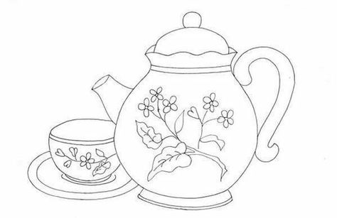 Teapot Drawing, Tea Cup Drawing, Diy Embroidery Patterns, Embroidery Patterns Vintage, 자수 디자인, Digi Stamps, Vintage Embroidery, Hand Embroidery Designs, Colorful Drawings