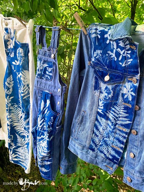 How to Print Cyanotype on Jackets, Jeans & Clothes - madebyBarb Jean Fabric Ideas, Cyanotype Denim Jacket, Diy Print On Clothes, Cyanotype How To, Cyanotype Process On Fabric, Embroidering Clothes Diy, Cyanotype Jeans, Upcycle Clothes Jeans, How To Bleach Jeans