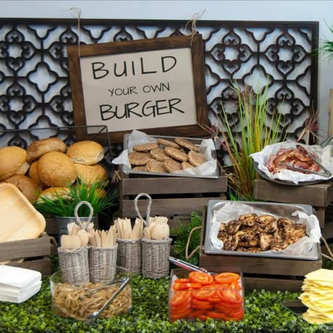 Burger Station Party, Build A Burger Wedding, Burger Bar Wedding Food Stations, Build Your Own Burger Bar Wedding, Fast Food Buffet Wedding, Wedding Food Stand Ideas, Meat Buffet Wedding, Burger Bar Display, Burger Station Ideas Food Bars