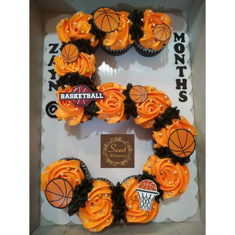 Cupcakes In Shape Of Numbers, Pull Apart Basketball Cupcake Cake, Basketball Theme Cupcakes, Basketball Birthday Cake Ideas, Basketball Cupcake Cake, Halloween Number Cake, Pull Apart Number Cupcakes, Basketball Cupcakes Ideas, Basketball Cakes