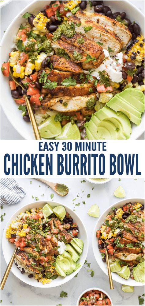 Easy Chicken Burrito Bowl, Easy Chicken Burrito Bowl Recipe, Chicken Rice Burrito, Quinoa Burrito Bowl, Chicken Burrito Bowl Recipe, Burrito Bowl Recipe, Chicken Taco Bowls, Chimichurri Chicken, Grilled Taco