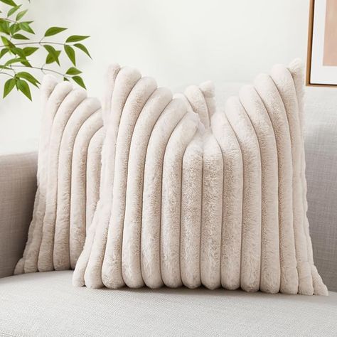 Amazon.com: decorUhome Faux Fur Throw Pillow Covers 20x20 Set of 2, Decorative Soft Plush Striped Couch Pillow Covers with Velvet Back for Sofa, Bed, Living Room, Khaki : Home & Kitchen Striped Couch, Neutral Pillow Covers, Beige Couch, Sofa Bed Living Room, Beige Throw Pillows, Bed Living Room, Beige Pillow Covers, Modern Pillow Covers, Couch Pillow Covers