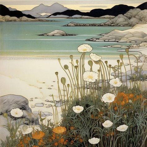 Art Nouveau Wall Mural, Wall Fresco, Art Nouveau Nature, Scotland Painting, Art Nouveau Painting, Scottish Coast, Art Deco Landscape, Colourful Landscape, Scotland Art