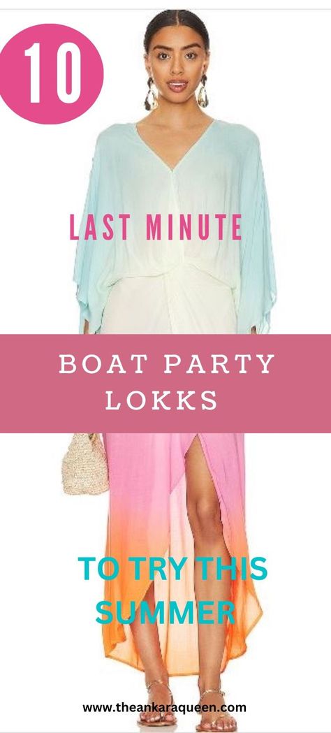 A young woman of color wears a loose-fitting kaftan style maxi dress in an array of ombre pastel colors such as blue, pink and orange. The dress features a front slit. She wears a pair of flat sandals and carries a woven purse. Classy Boat Party Outfit, Outfits For Yacht Party, Sunset Yacht Outfit, Evening Boat Ride Outfit, Night Boat Party Outfit, Yatch Party Outfit Summer Classy, Yacht Rock Party Outfits Women, Sunset Cruise Outfit, Yatch Party Outfit Summer