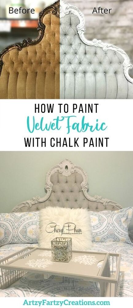 Chalk Painted Headboard, How To Paint Fabric, Bungalow Decor, Old Headboard, Beautiful Headboards, Diy Home Accessories, Using Chalk Paint, Painted Fabric, Velvet Headboard