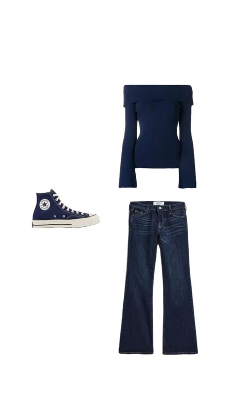 College outfit- H&M dark blue flare jeans, navy blue off the shoulder sweater, stockx converse chuck taylor all star 70 hi recycled canvas midnight navy Dark Blue Flare Jeans, Blue Flare Jeans, College Outfit, Off The Shoulder Sweater, Recycled Canvas, Midnight Navy, Converse Chuck Taylor All Star, College Outfits, Chuck Taylor All Star