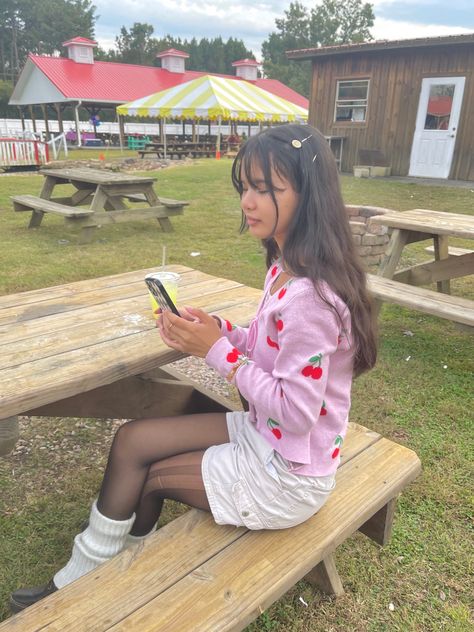 Cute Farm Fit Ft. Cherry sweater, white cargo shorts, black tights, leg warmers, and doc martens Warmer Outfits, Leg Warmer Outfits, Tights Leg Warmers, Cherry Cardigan, White Cargo Shorts, Cargo Shorts Black, Leg Warmer, Spring Fits, Sketches Simple