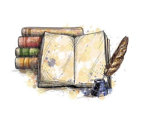 pila de libros libro abierto y pluma de un toque de acuarela boceto dibujado a mano ilustración vectorial de pinturas Vintage Writing, Quill Pen, Watercolor Books, Book Tattoo, Tableau Art, Book Drawing, Stack Of Books, Open Book, Easy Drawing