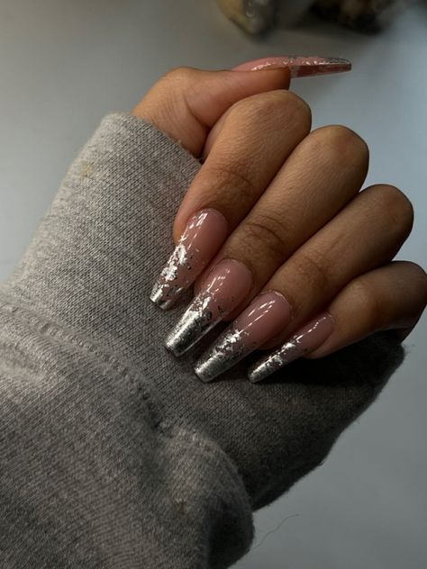 Foil French Tip Nails, Silver Outline Nails, French Foil Nails, Silver Foil Nail Designs, Silver Nails Ballerina, French Nails With Foil, Silver Ballerina Nails, Nails Silver Flakes, Nails With Silver Dress