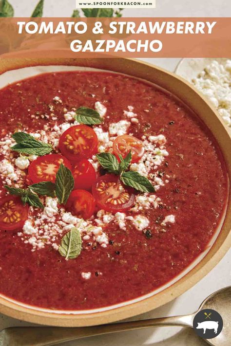 A delicious and refreshing Strawberry and Tomato Gazpacho Recipe that is perfect for a hot and sunny summer day. This chilled soup is sweet, spicy and a touch savory all in one and we love it so much! #gazpacho #soup #tomato #recipe #easyrecipe Strawberry Gazpacho Recipe, Cucumber Goat Cheese, Cucumber Gazpacho, Cold Soup Recipes, Tomato Gazpacho, Cold Soups, Soup Tomato, Gazpacho Soup, Tomato Recipe