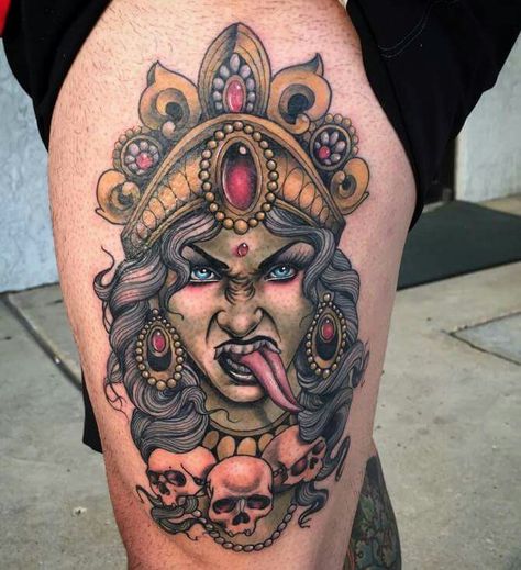 Check out this incredible custom color tattoo done by green bay bully!                                                                                                                                                     More Tattoos Masculinas, Kali Tattoo, Hindu Tattoos, Dna Tattoo, Backpiece Tattoo, Hindu Tattoo, Lady Bug Tattoo, Bull Tattoos, Marvel Tattoos